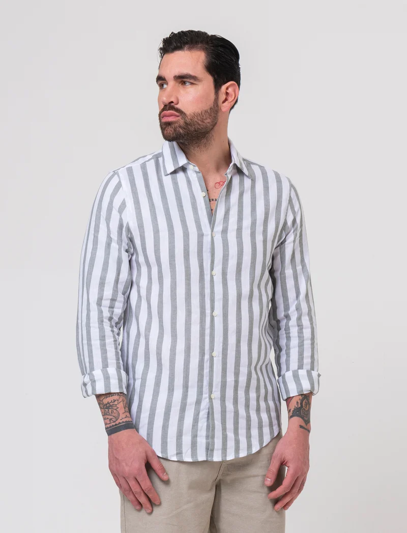 Camicia a righe misto lino da uomo - Verde salvia