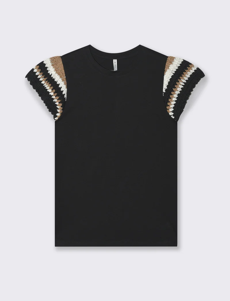 T-shirt con lavorazione crochet da donna - Nero