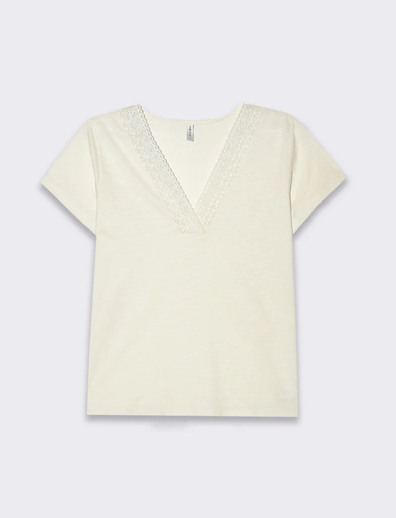 T-shirt con passamaneria sullo scollo da donna - Avorio