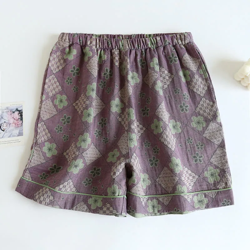Pantaloncini da pigiama in puro cotone a scacchi e a fiori