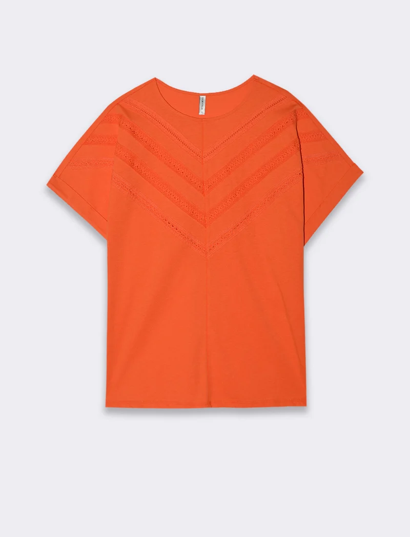 T-shirt con inserti di pizzo da donna - Arancio