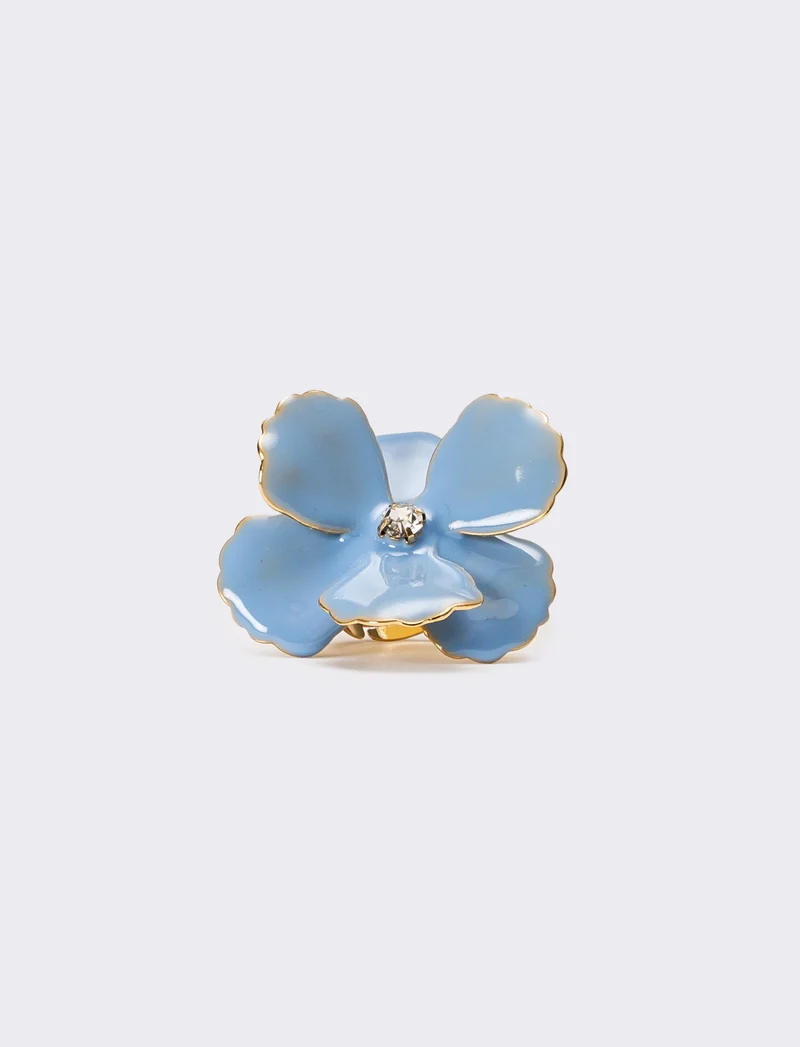 Anello donna con fiore smaltato con strass - Celeste