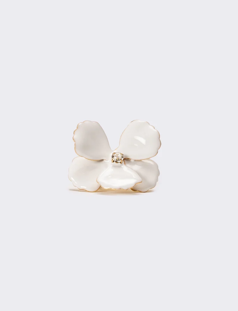 Anello donna con fiore smaltato con strass - Bianco