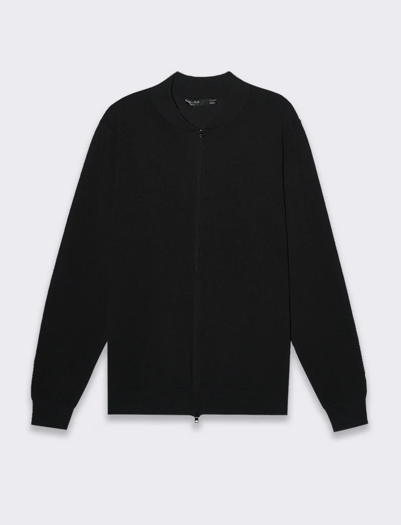 Maglia cardigan collo bomber in filato premium da uomo - Nero