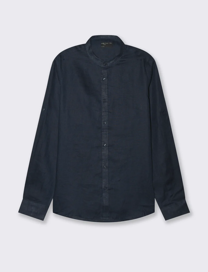Camicia coreana 100% lino da uomo - Blu