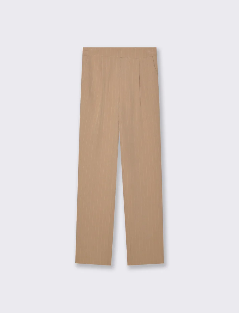 Pantalone in tessuto rigato con elastico al dietro - Beige