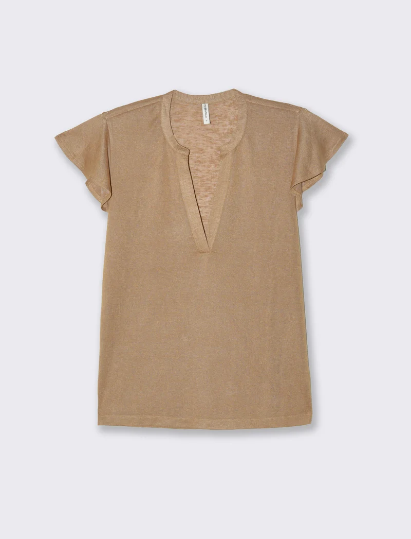 T-shirt scollo a v da donna - Caramello