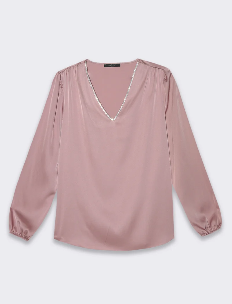 Casacca scollo V con inserti strass - Cipria