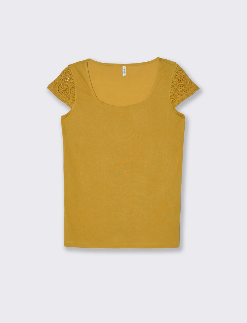 T-shirt con manica in pizzo da donna - Senape