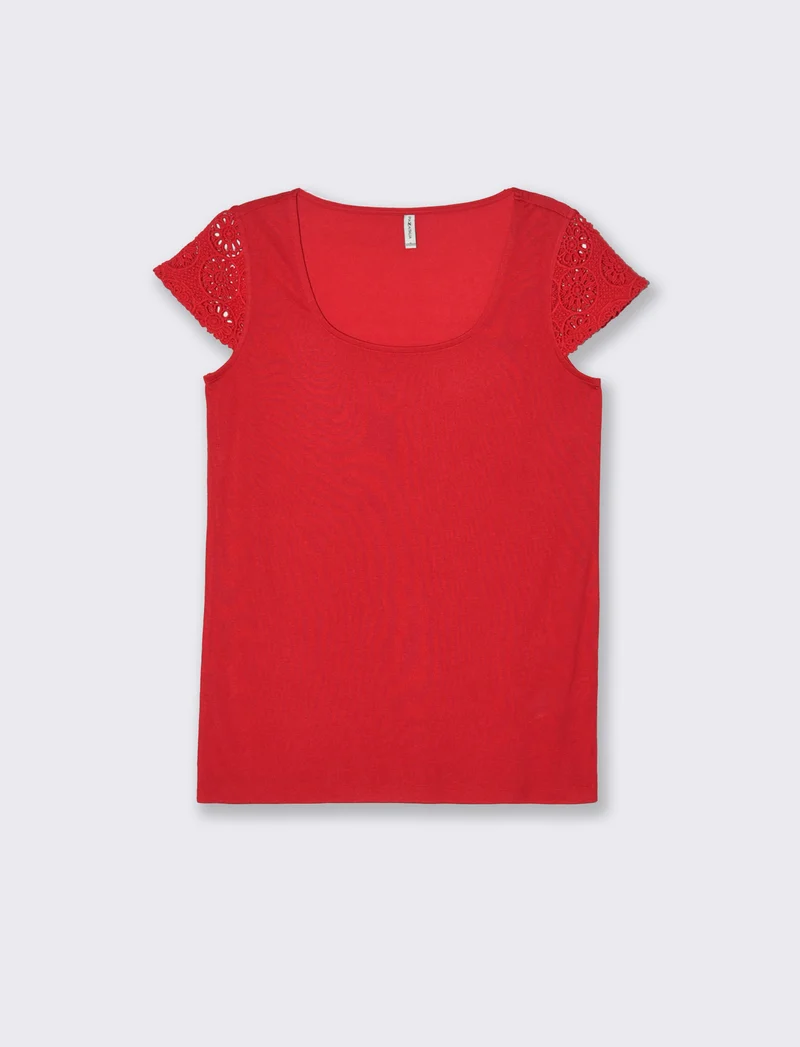 T-shirt con manica in pizzo da donna - Rosso scarlatto