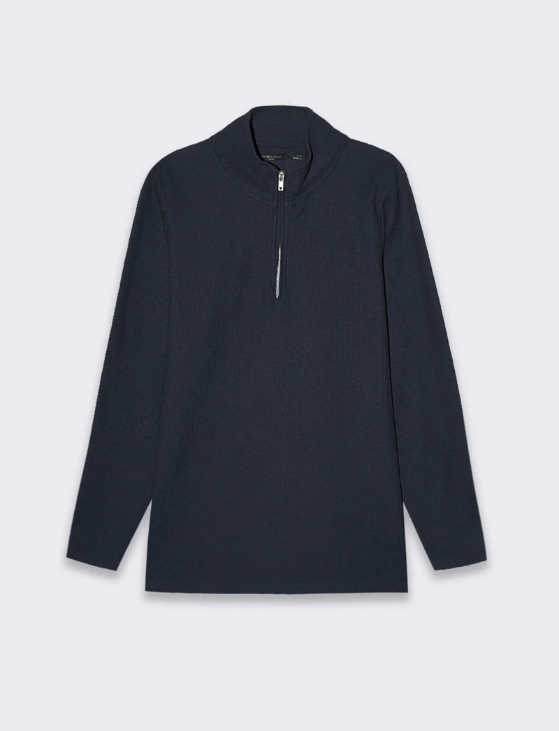Maglia mezzo collo zip struttura waffel da uomo - Blu