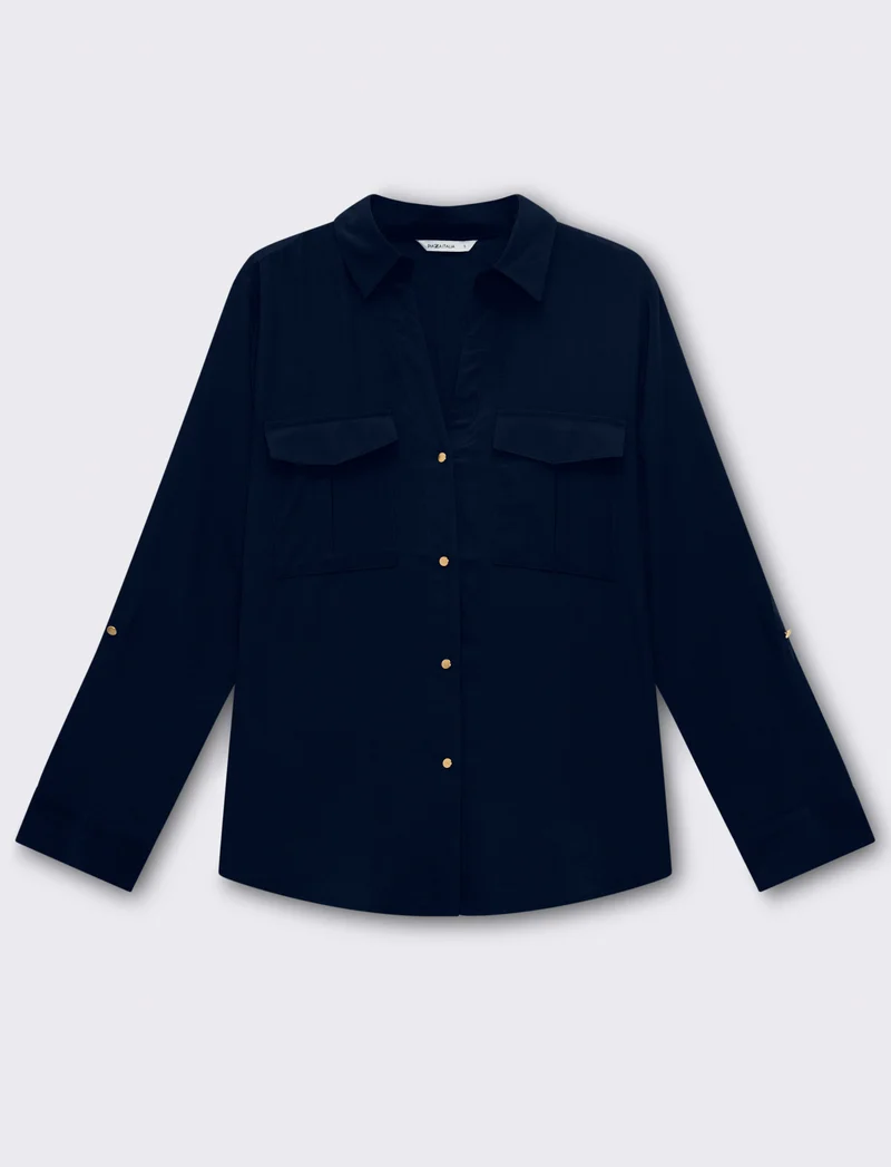Camicia basica con tasche sul petto da donna - Blu
