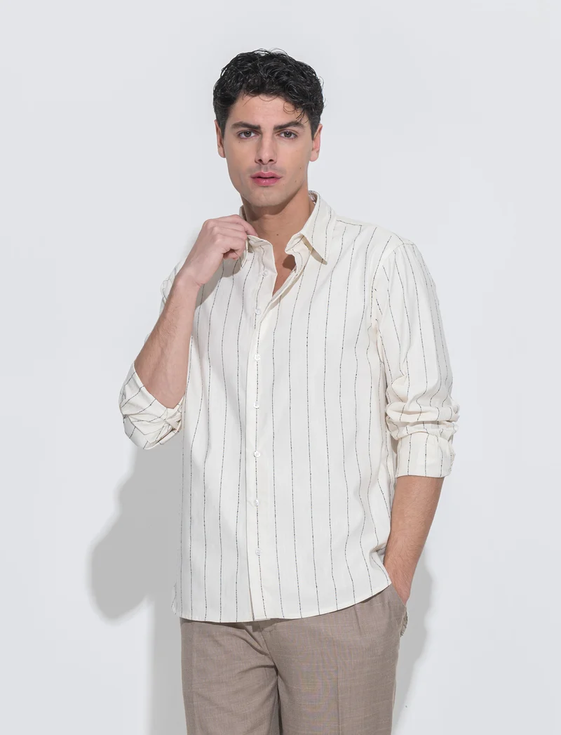 Camicia a righe in tessuto slub da uomo - Beige