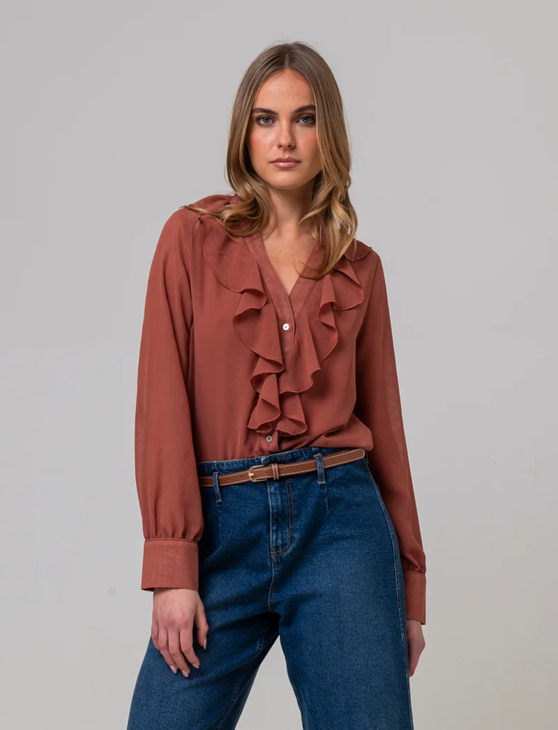 Camicia scollo a v e rusche da donna - Rosso mattone