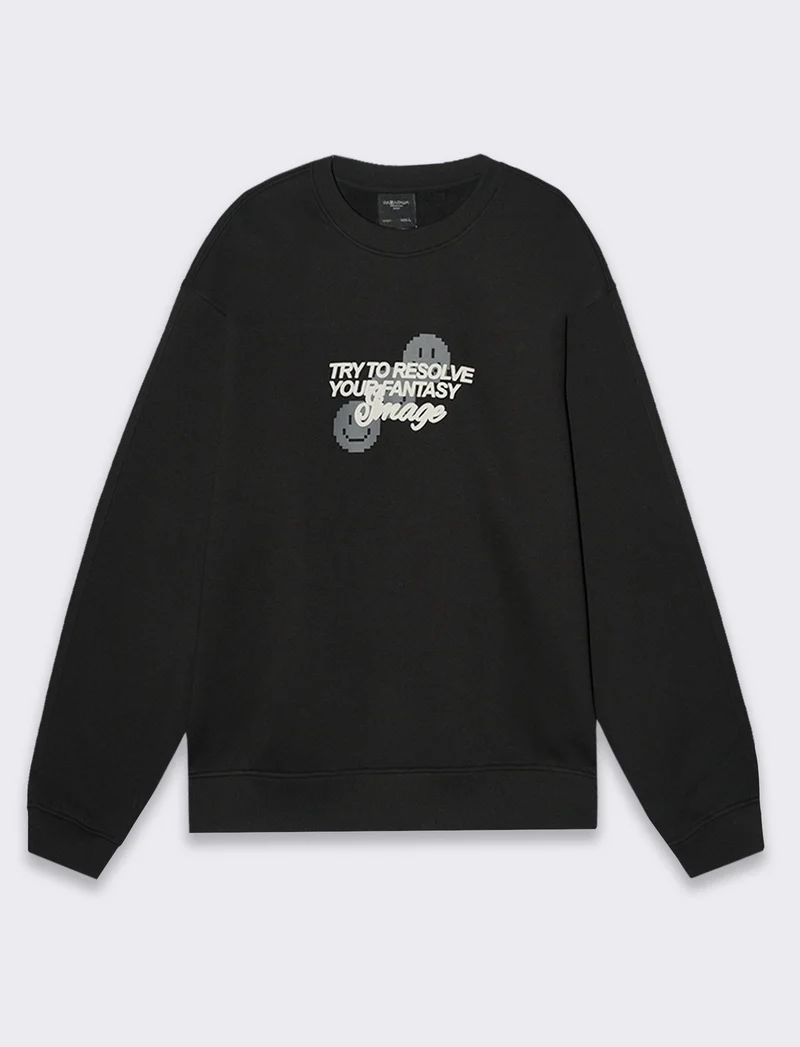 Felpa boxy fit girocollo con stampe da uomo - Nero