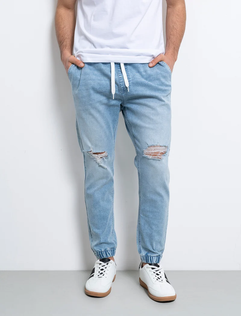 Jeans denim medio con vita jogger e strappi da uomo - Denim