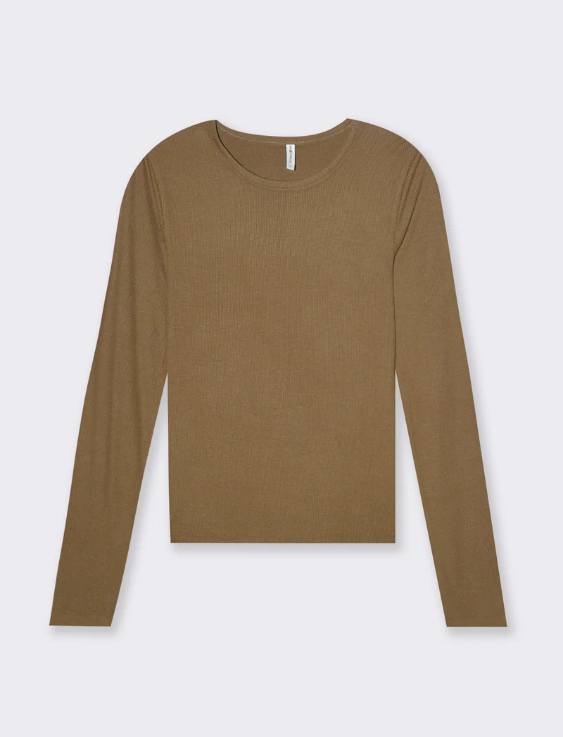 T-shirt basica a coste da donna - Marrone tabacco