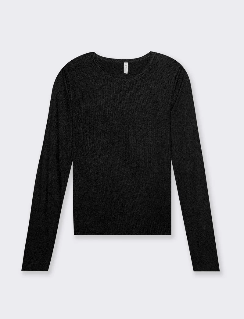 T-shirt basica a coste da donna - Nero