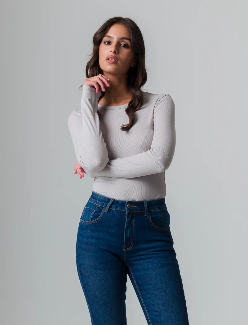 T-shirt basica a coste da donna - Bianco perla
