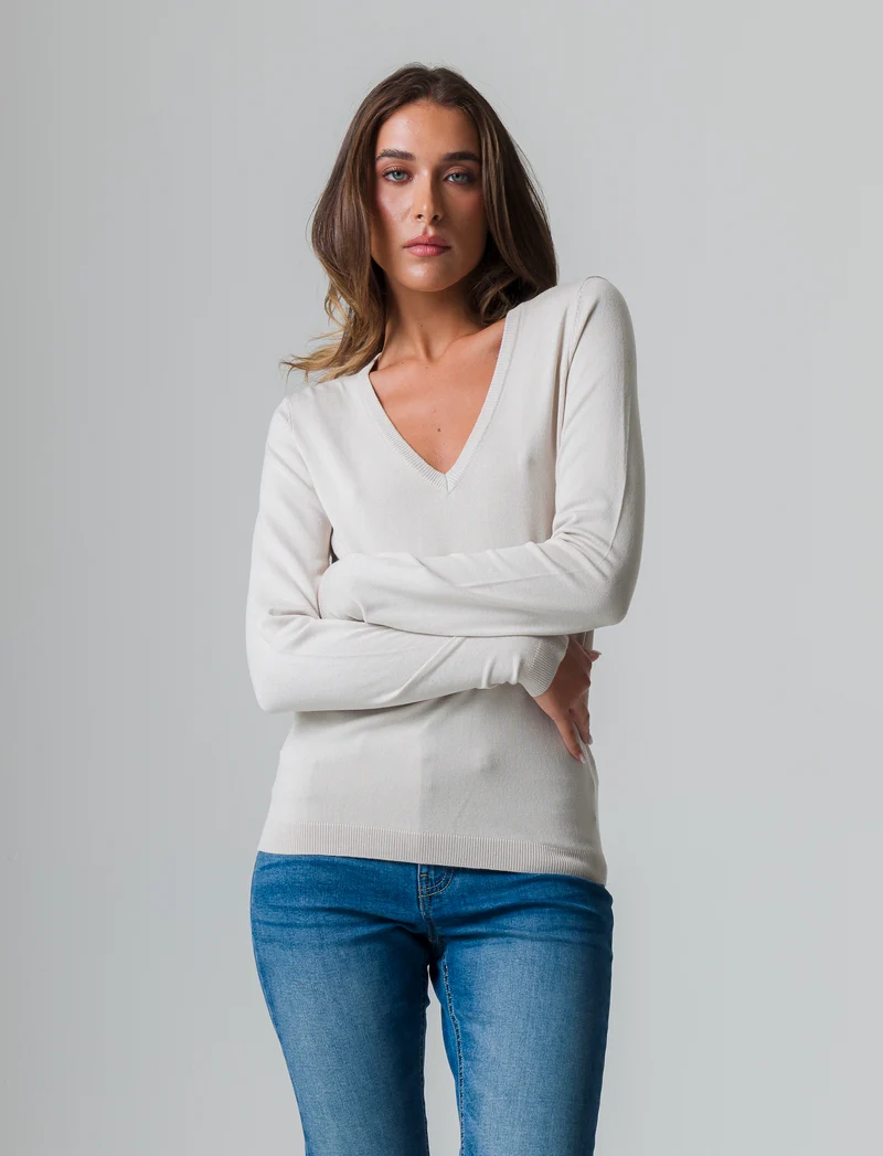 Maglia basica scollo a v da donna - Sabbia