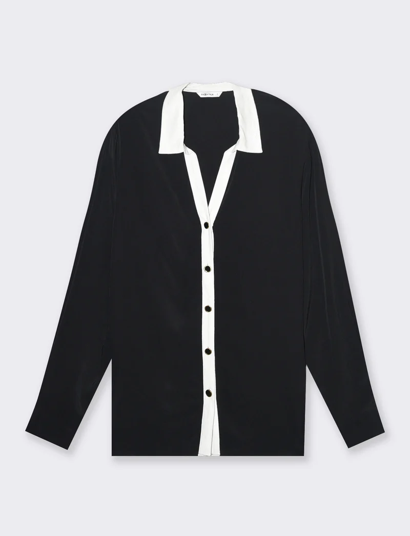 Camicia con colletto e polsi a contrasto da donna - Nero