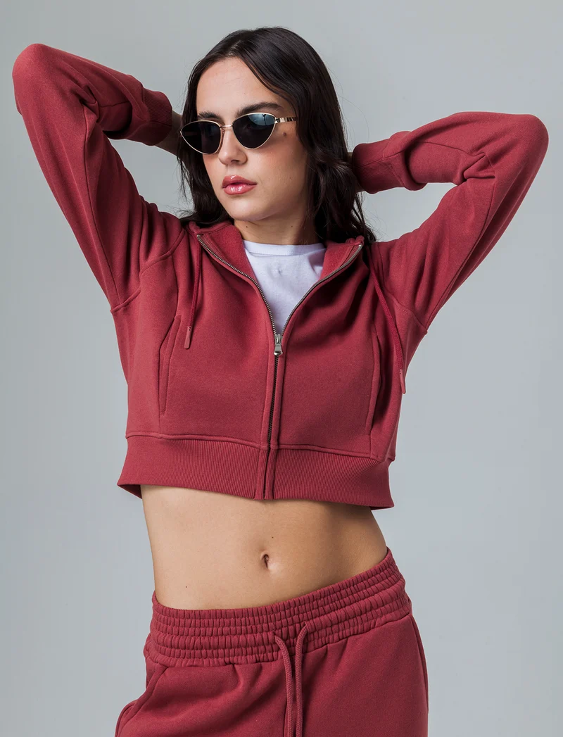 Felpa basic crop con cappuccio e zip da donna - Rosso mattone