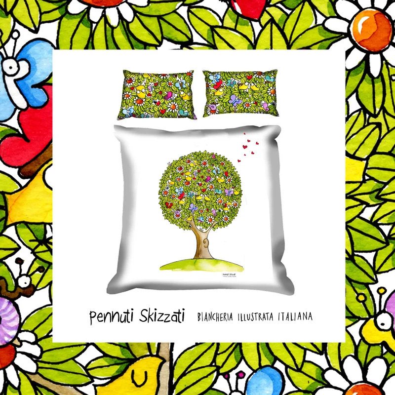 Copripiumone matrimoniale 🌳 Albero della primavera 🌷 Pennuti Skizzati