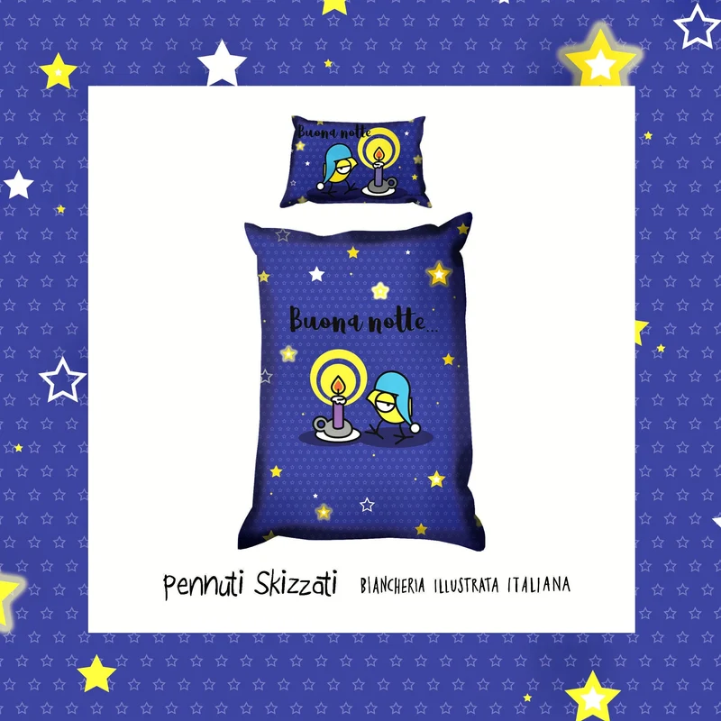 Copripiumone singolo Buona notte blu ⭐️ Pennuti Skizzati