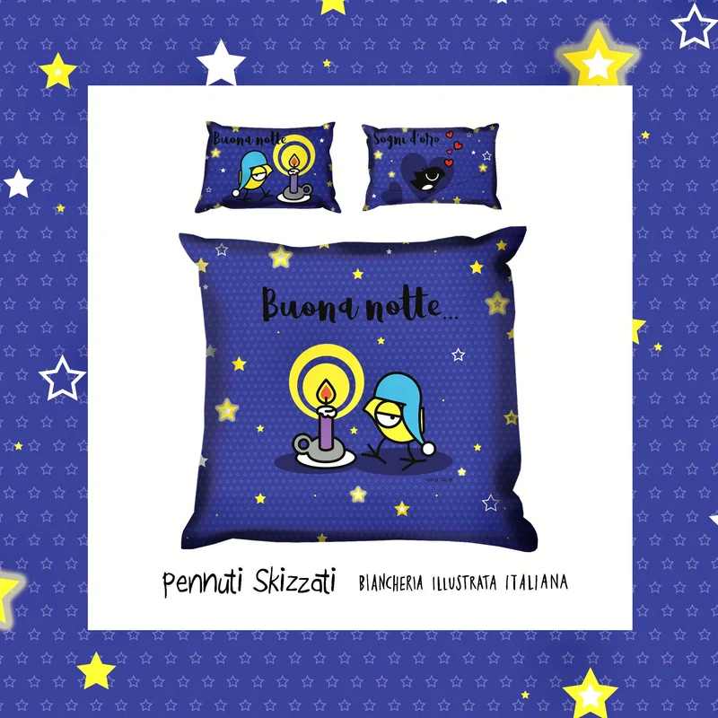 Copripiumone matrimoniale Buona Notte blu ⭐️ Pennuti Skizzati