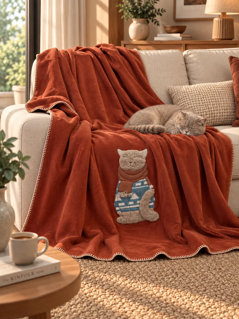 Plaid Pile Battuto Ricamato GATTO CON SCIARPA