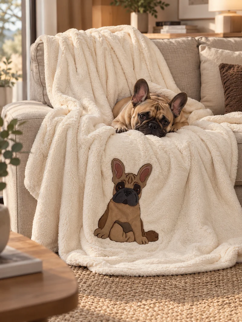 Plaid Pile Coccola Ricamato BULLDOG FRANCESE