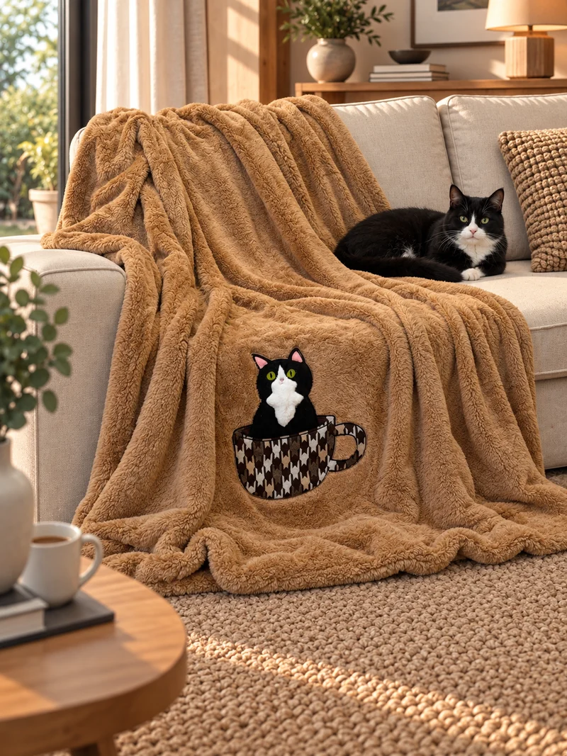 Plaid Pile Coccola Ricamato GATTO NELLA TAZZA
