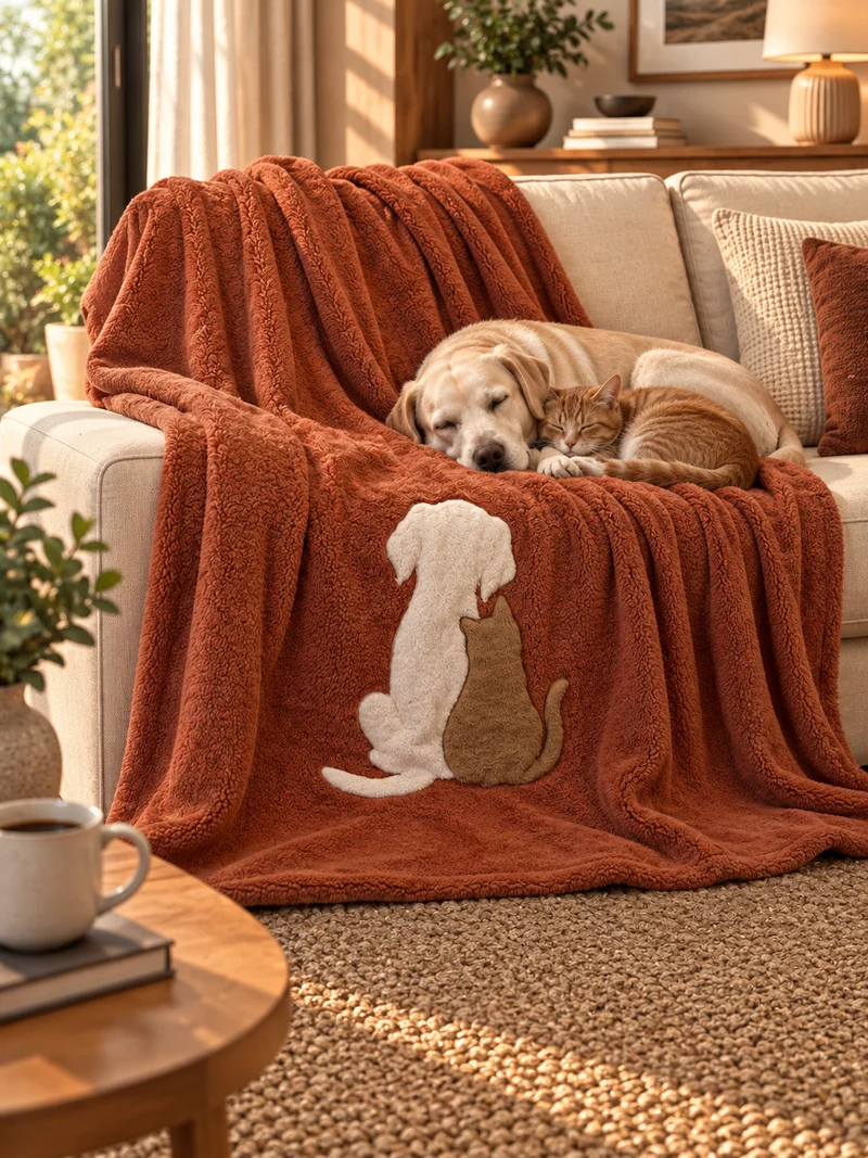 Plaid Pile Coccola Ricamato CAT AND DOG IN LOVE