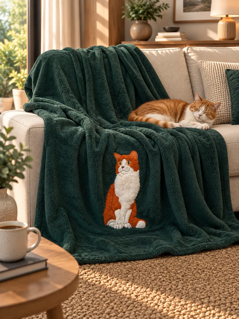 Plaid Pile Coccola Ricamato GATTO CURIOSO