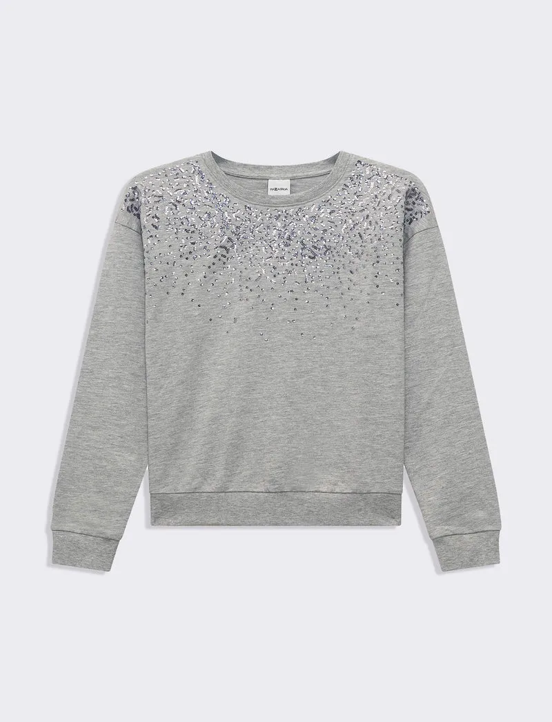 Felpa girocollo manica lunga con applicazioni da donna - Grigio melange