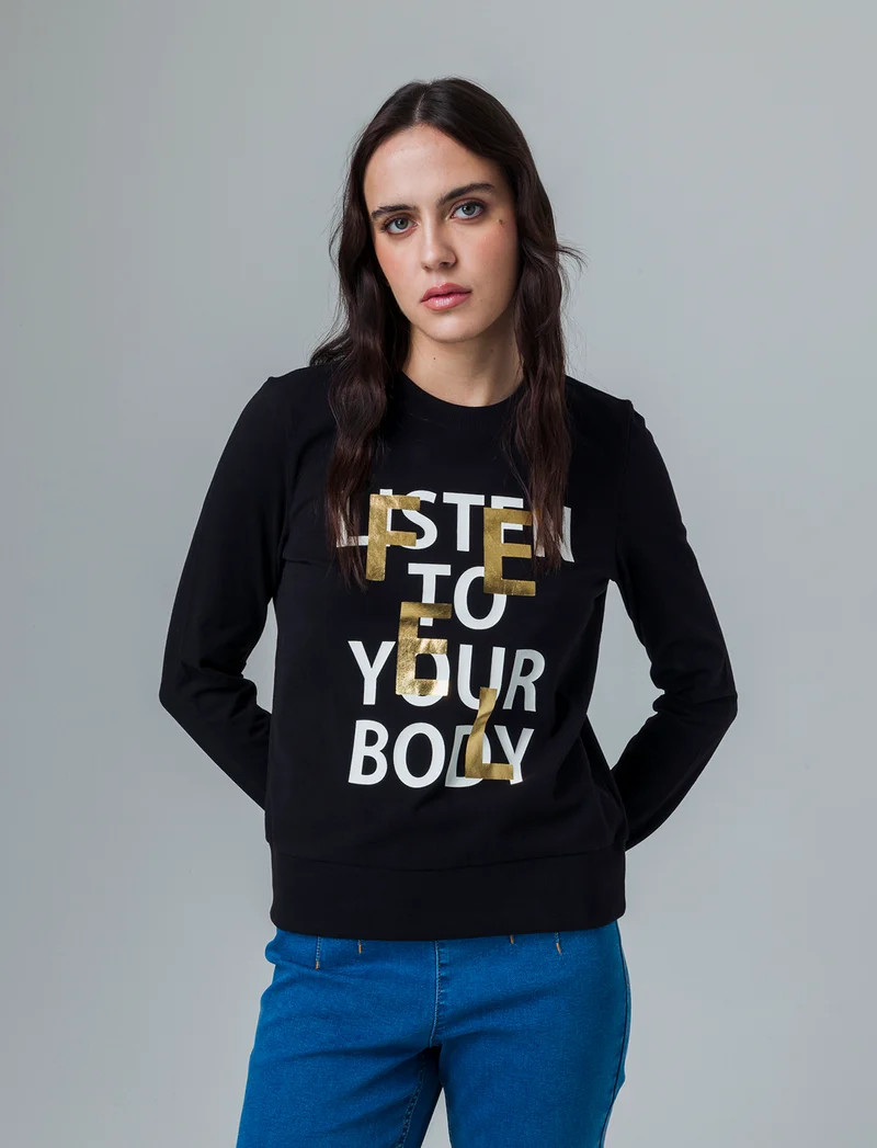 T-shirt manica lunga con stampa da donna - Nero