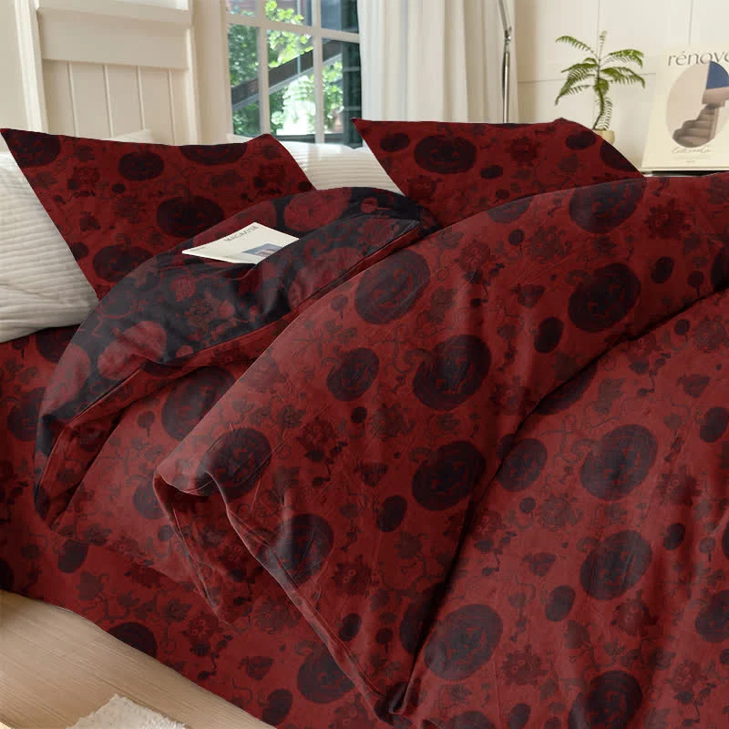 Set di biancheria da letto in cotone a 4 pezzi con motivo zucca e mostro di Halloween
