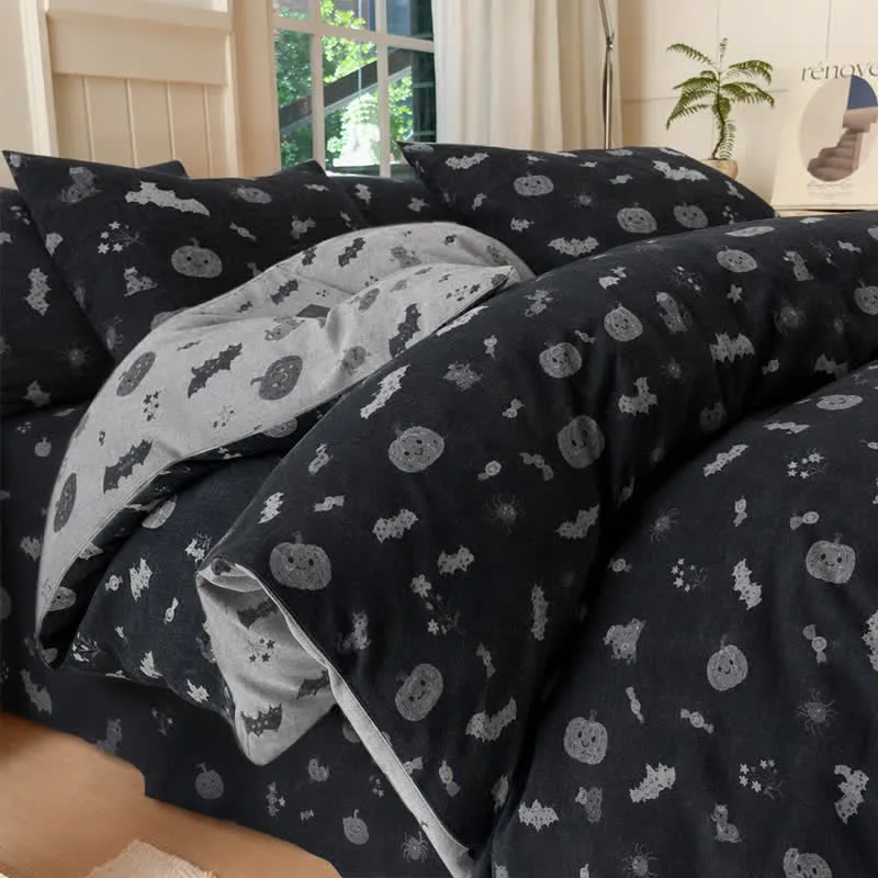 Set di biancheria da letto in cotone a 4 pezzi con motivo zucca e pipistrello di Halloween
