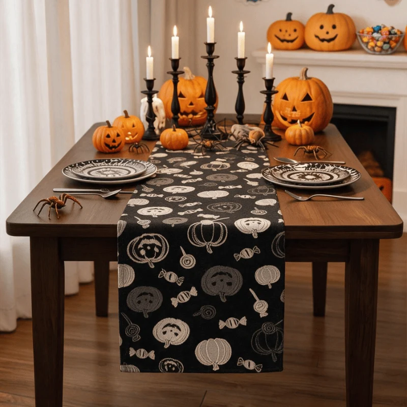 Runner da tavola in cotone nero con zucche e caramelle di Halloween.