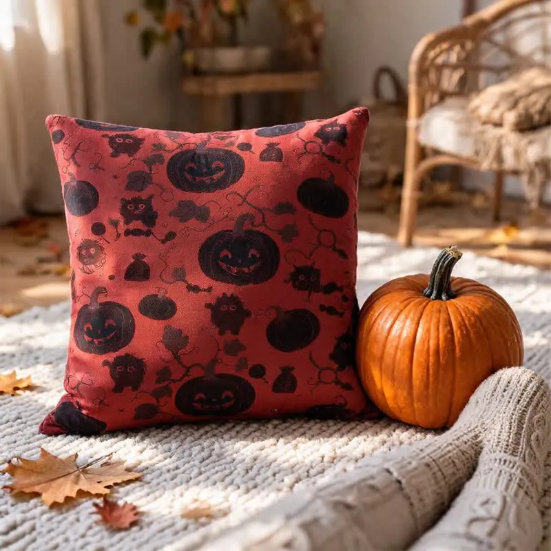 Cuscino in cotone multicolore con zucca e mostro di Halloween