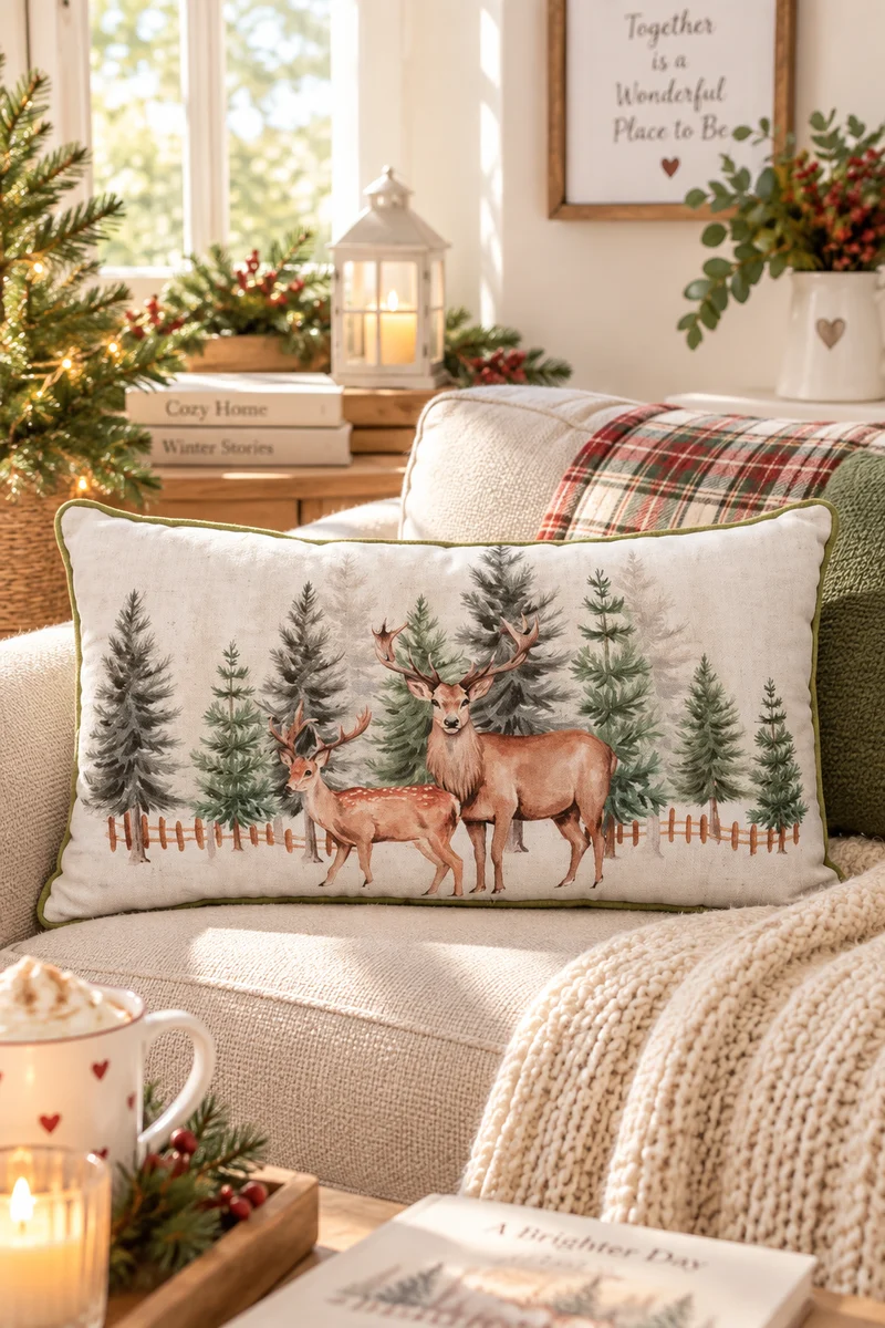 Cuscino Natalizio con Cervi nel Bosco 45x25 cm con Zip – Stile Cottage