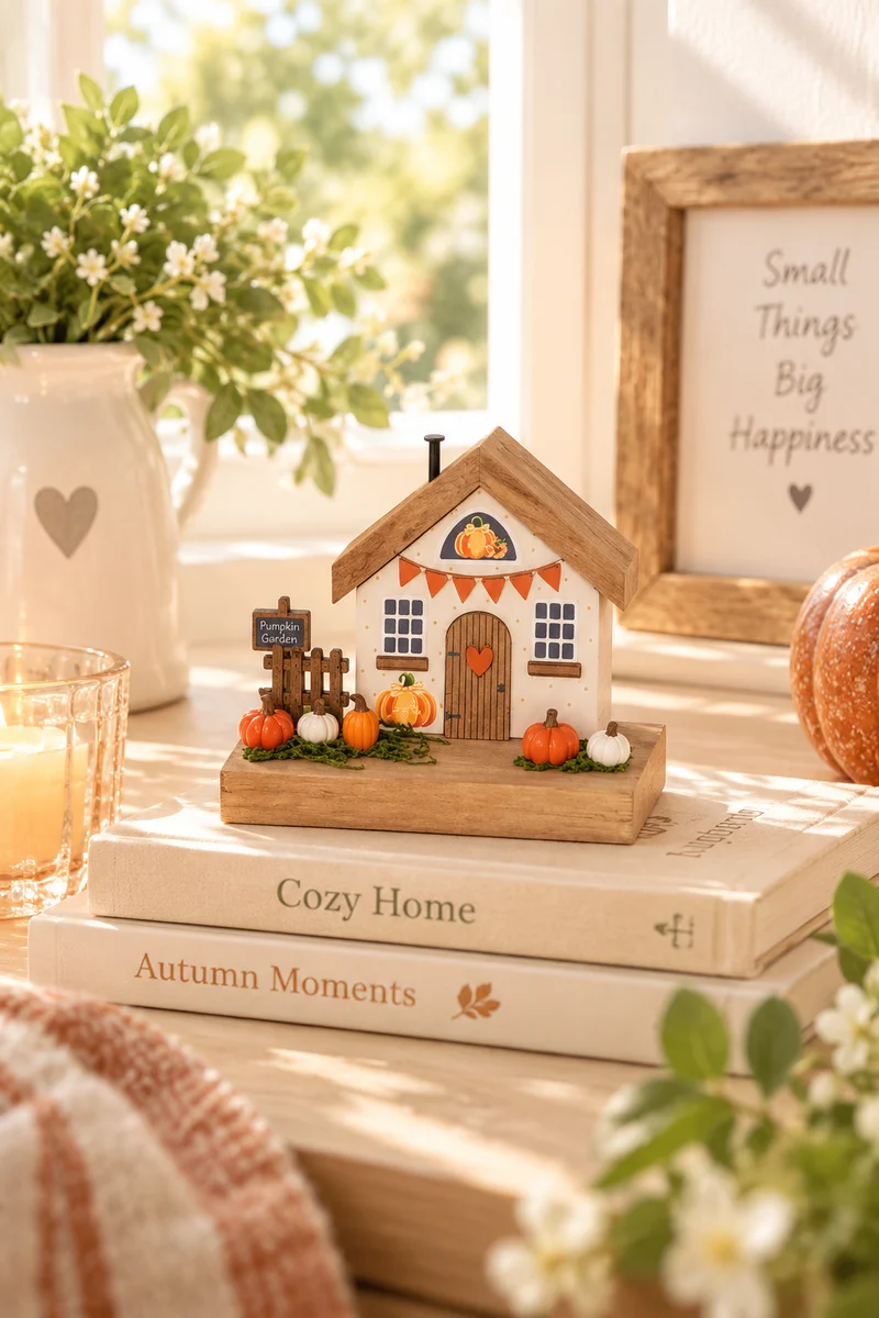 Casa Autunnale in Legno con Zucche – Pumpkin Cottage 11×10,5 cm