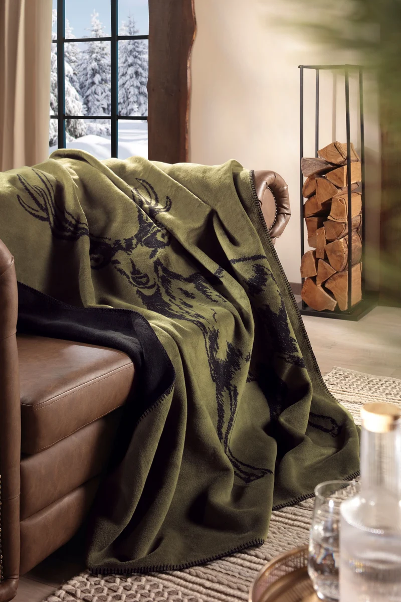 Plaid Reversibile in Caldo Cotone DEER GREEN