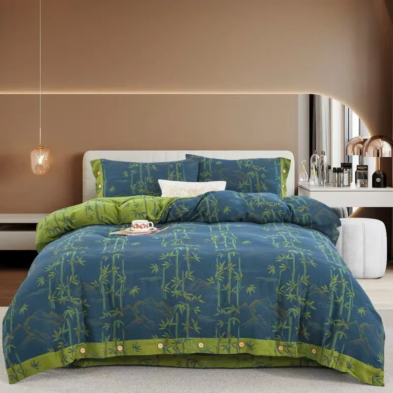 Set di biancheria da letto reversibile in garza di cotone con pianta di bambù (4 pezzi)