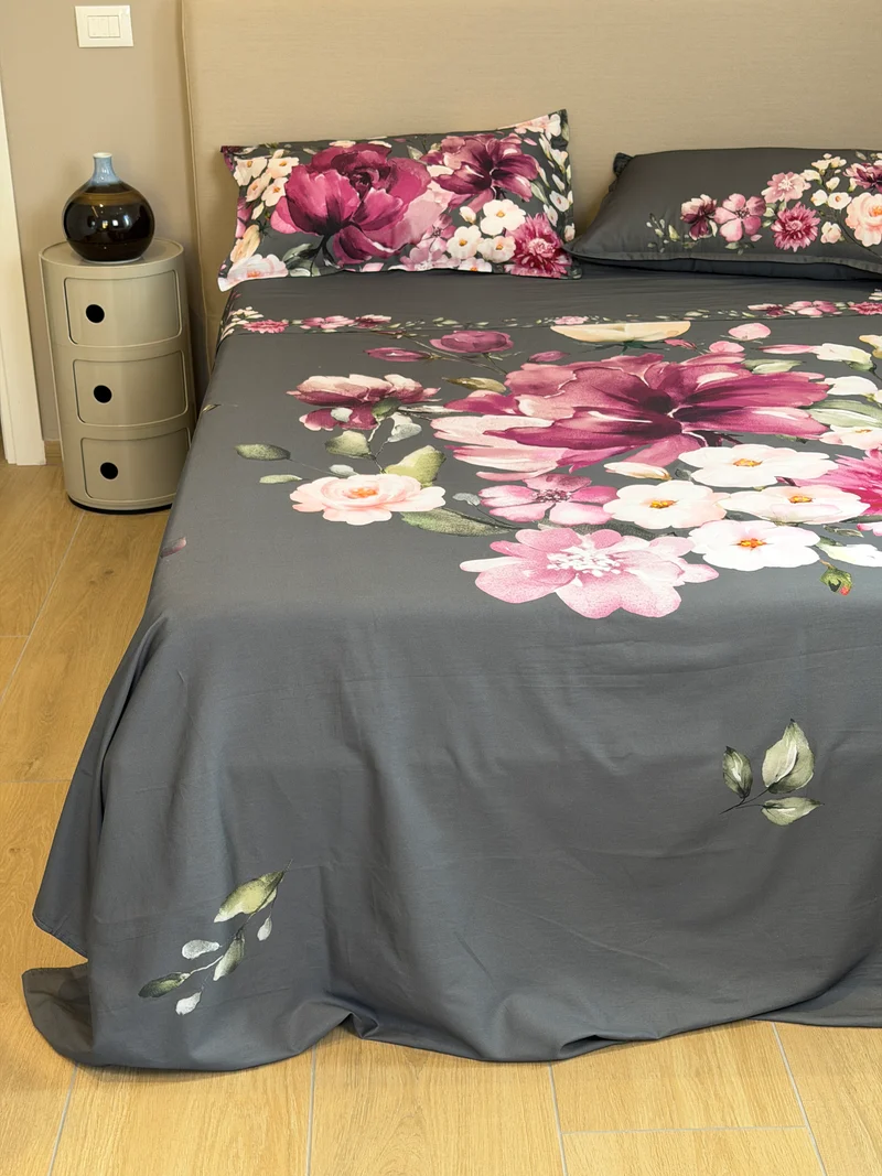 Parure Lenzuola Copriletto Raso 300TC FIORI SUL LETTO - VIOLA