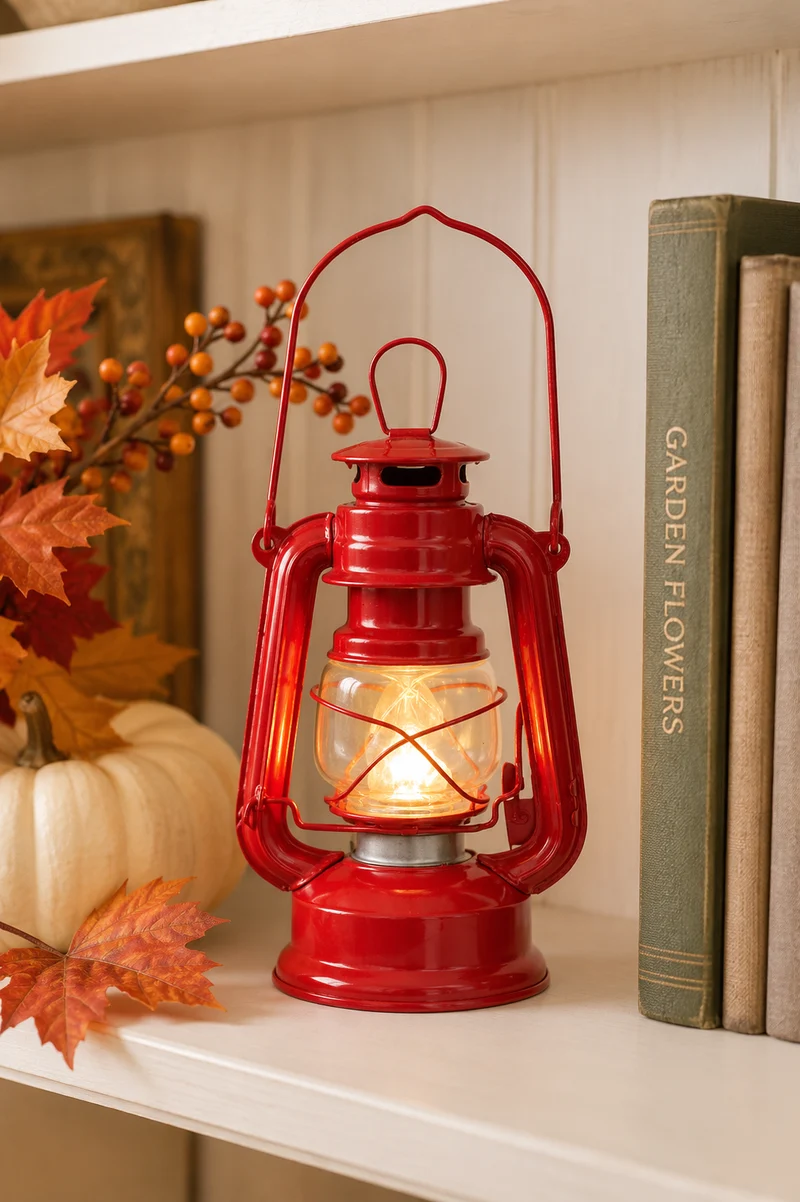 Lanterna Vintage Rossa in Metallo a Batteria