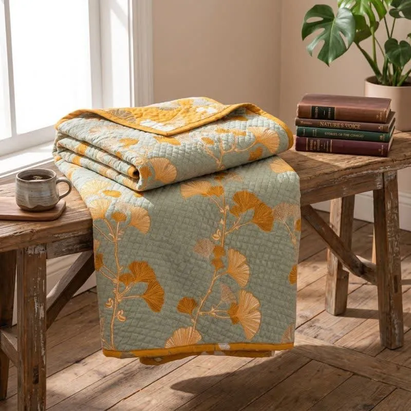 Coperta trapuntata reversibile con motivo botanico di Ginkgo