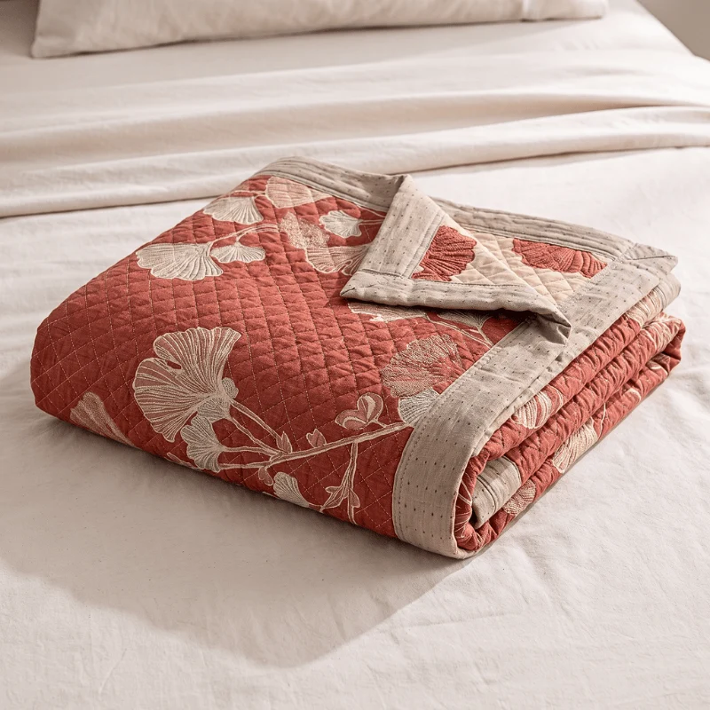 Coperta in cotone con motivo a foglie di ginkgo rosse