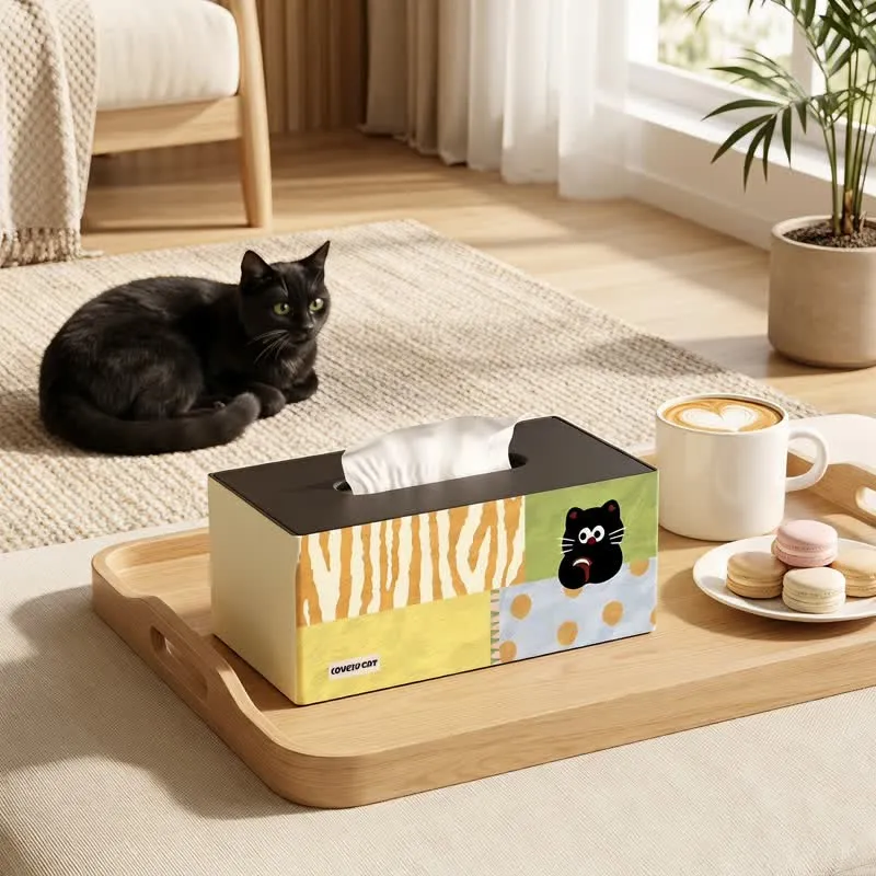 Porta fazzoletti in legno con motivo a patchwork di gatti giocosi