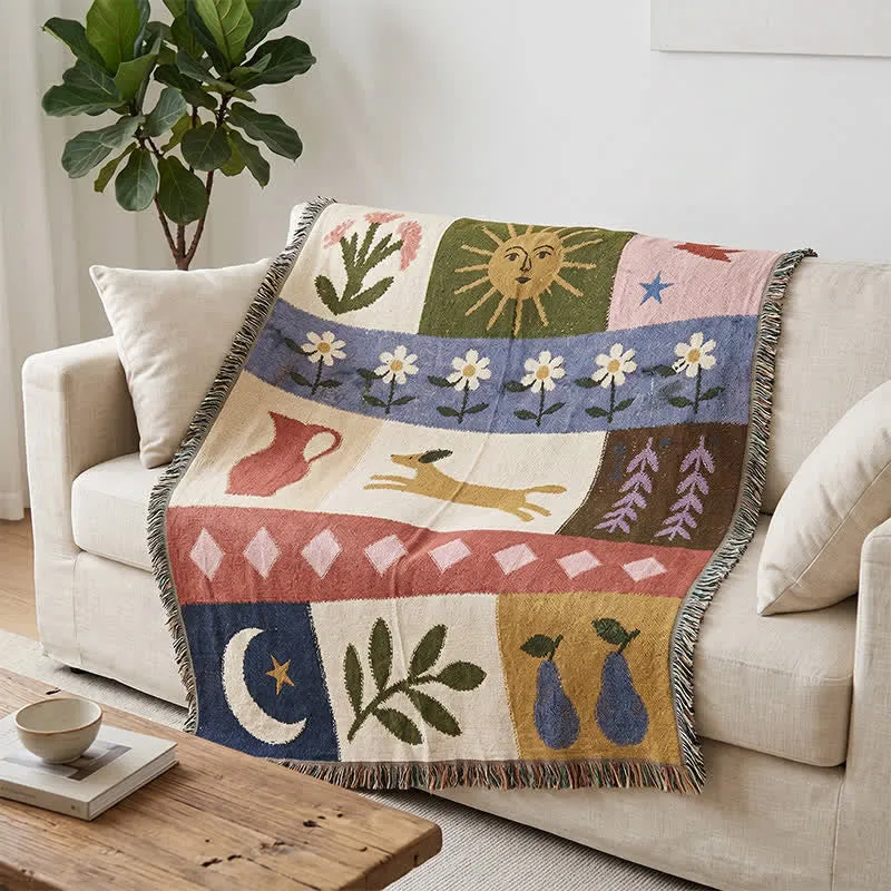 Coperta patchwork con frange e motivo a cuccioli